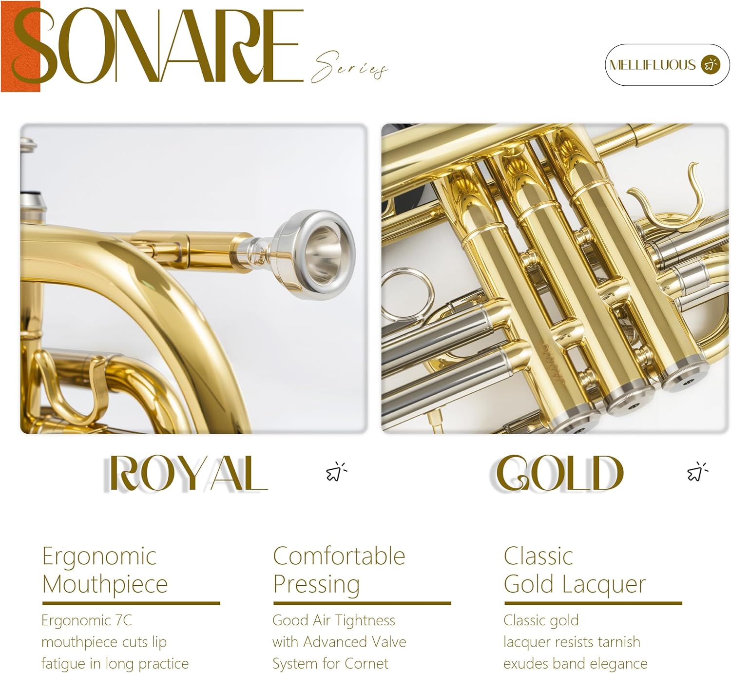 AKLOT Player-Friendly Bb Cornet Kit: Warm Tone with Gold Brass Leadpipe, Hand-Hammered Bell, Smooth Valve Action, Includes Hard Case, Mouthpiece, Gloves, Cloth – Great for Jazz, Marching & Students