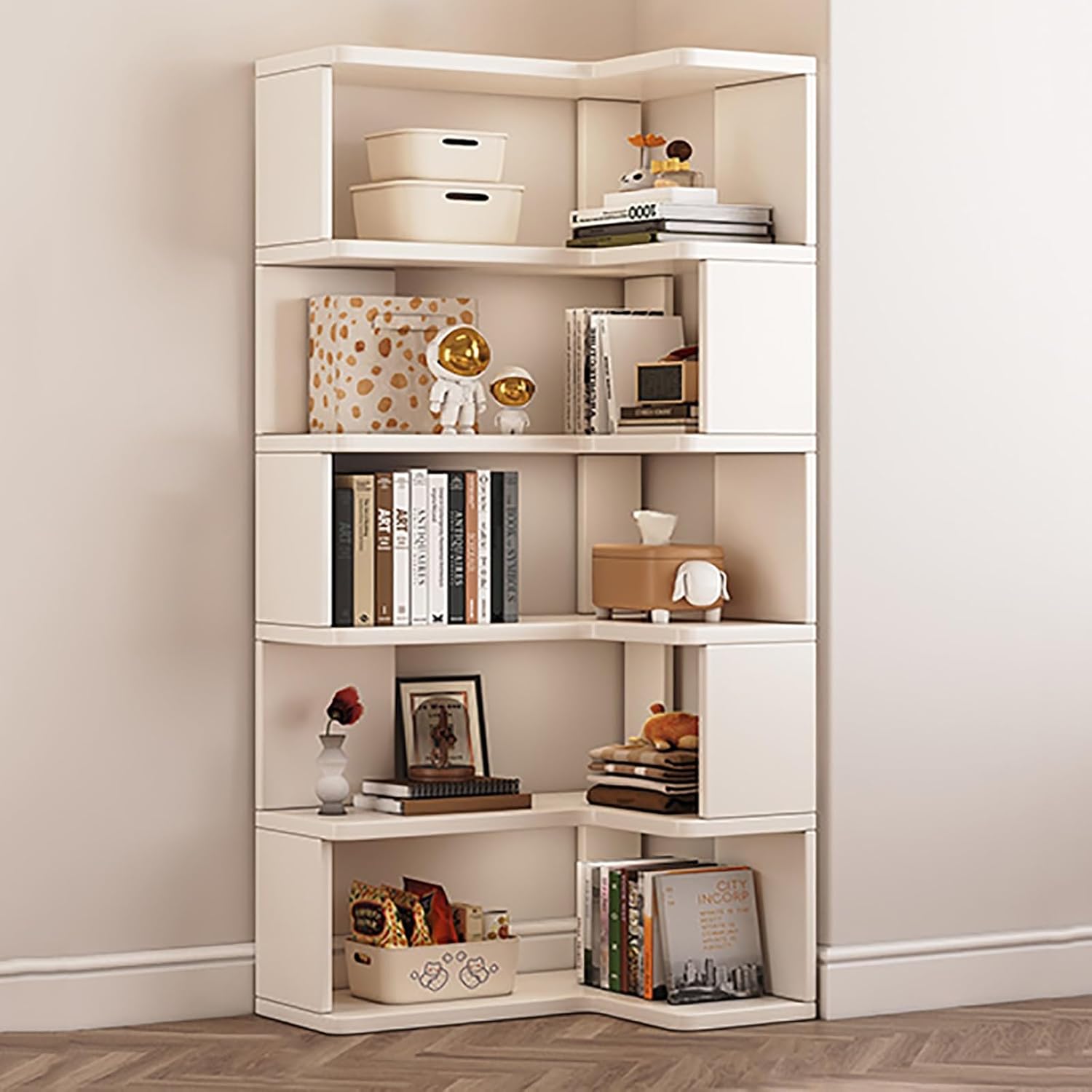 5 Tier Corner Bookshelf Etagere Bookcase with Baffle, Decorative Storage Freestanding L Shaped Display Shelf Stand for Home Office, Living Room, Bedroom, Kitchen(White)