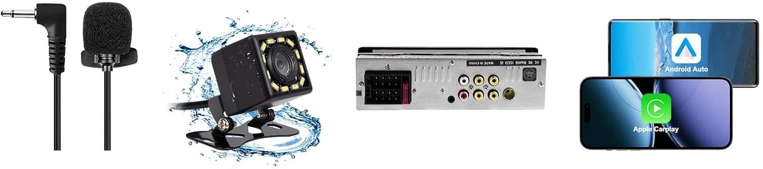 Single Din Car Stereo with Apple CarPlay & Android Auto, 6.36 Inch HD Touch CarPlay Screen, Backup Cam,Bluetooth, MP5,USB Type-C, SWC, EQ, FM Radio (with External Mic)