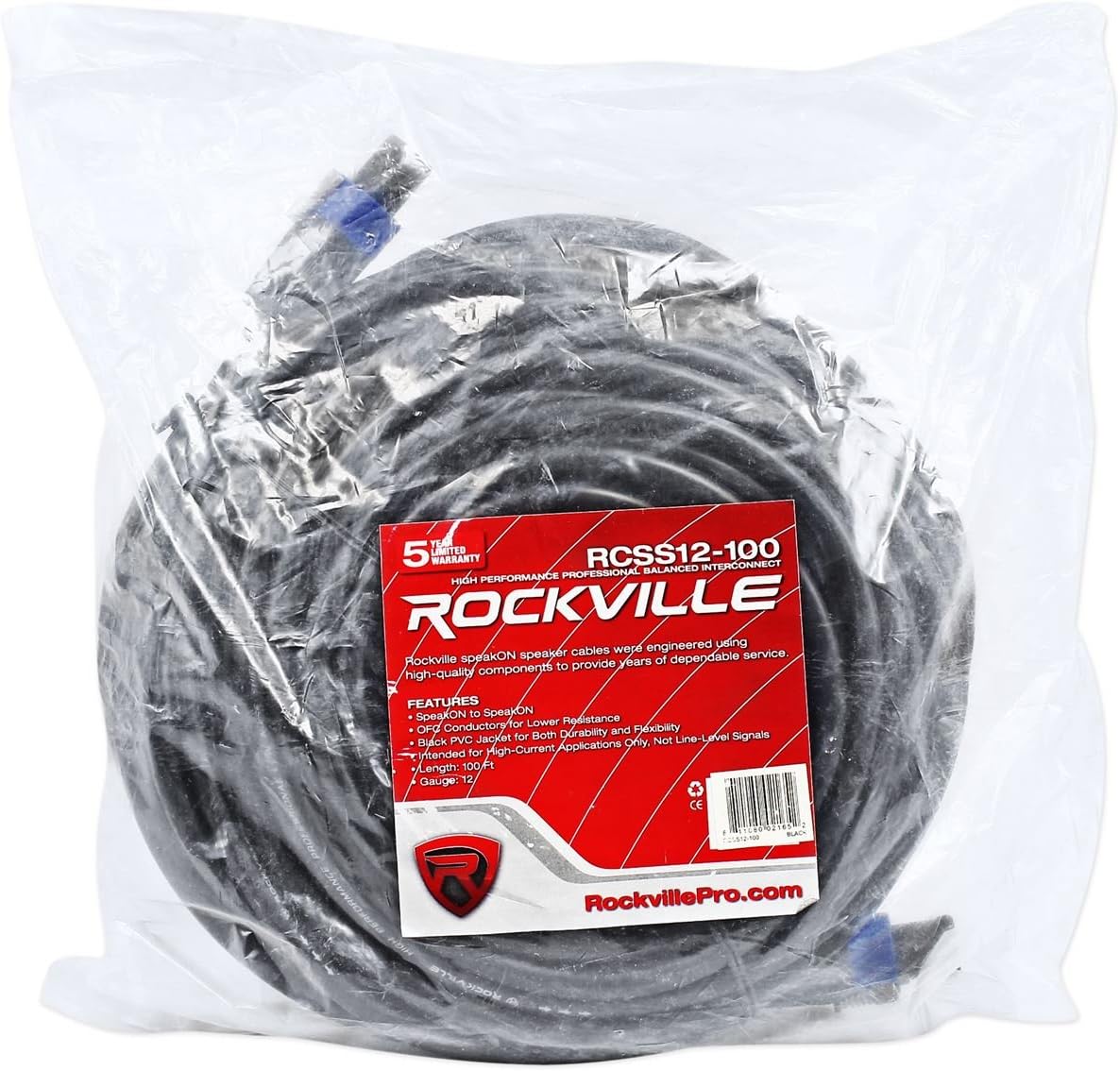 Rockville RCSS12100 12 AWG Speakon to Speakon Speaker Cable, 100 Feet, 100% Copper Conductors, Durable PVC Jacket, Low Resistance, for Professional Audio and Live Sound
