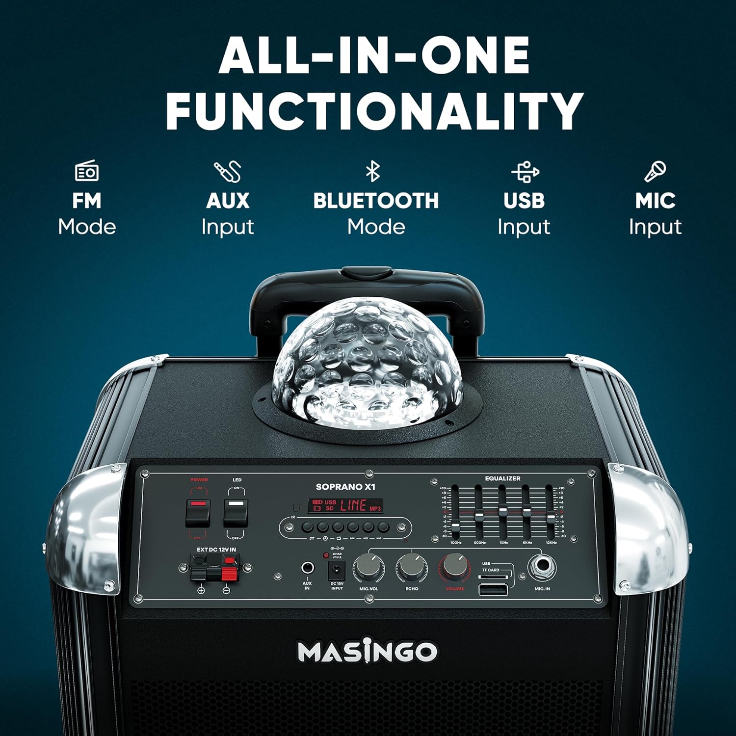 MASINGO Karaoke Machine for Adults and Kids with 2 Bluetooth Wireless Microphones. Portable Singing PA Speaker System with Disco Ball Lights, Lyrics Display Tablet Holder & TV Cable. Soprano X1 2.0