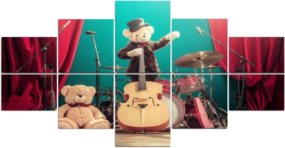 Art Acoustic Panels retro teddy bear toys play bass guitar old luggage vocalist Acoustical Soundproof Wall Panel with Self-Adhesive Decorative Sound Absorbing Panel Acoustic Treatment