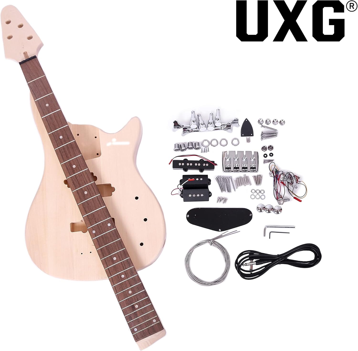 I-4 DIY Electric Bass Guitar Kits，Basswood body，Maple Neck and Rosewood Fingerboard，All Components Included，Natural