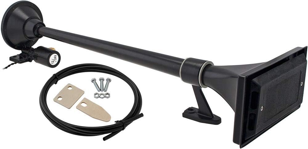 Vixen Horns Train Horn for Boat/Truck/Car. Air Horn Waterproof Black Single Trumpet + Cover. Super Loud dB. Marine Grade Finish. Fits 12v/24v Vehicles like Semi/Pickup/Jeep/SUV VXH1264B