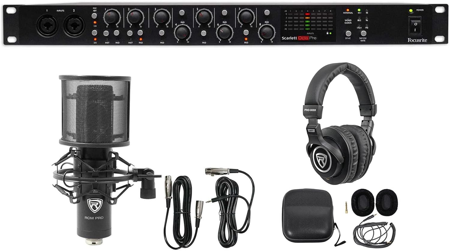 Audiosavings Bundle: Scarlett OctoPre 8-Channel Mic Preamp w/ADAT 192kHz Bundle with Rockville RCM PRO Studio Condenser Mic w/Capacitors + PRO-M50 Studio Headphones w/Case+Extra Ear Pad (3 Items)