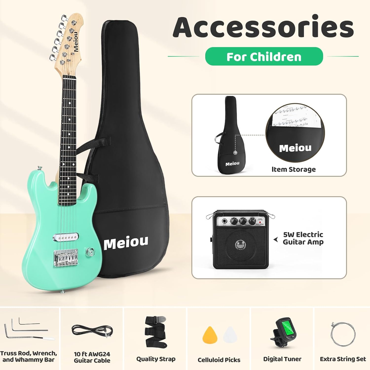 30 Inch Kids Electric Guitar Beginner Kits ST Style Mini Electric Guitar withAmp,Bag,Tuner, Picks, Cable, Strap, Strings (Green)
