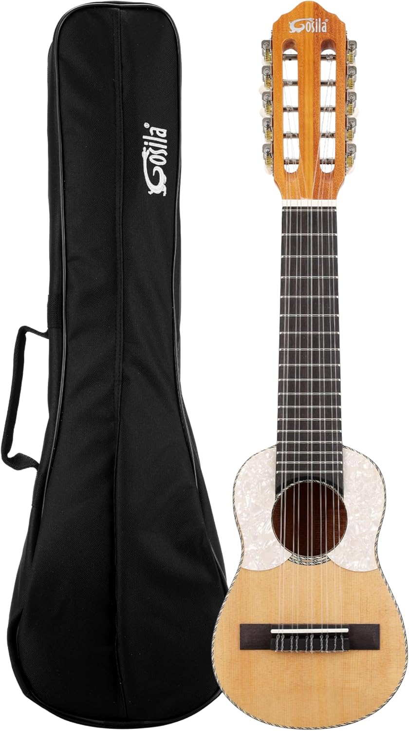 Charango 10-String Traditional Andean Guitar, Solid Spruce Top with Okoume Body, 17 Frets, Includes Case