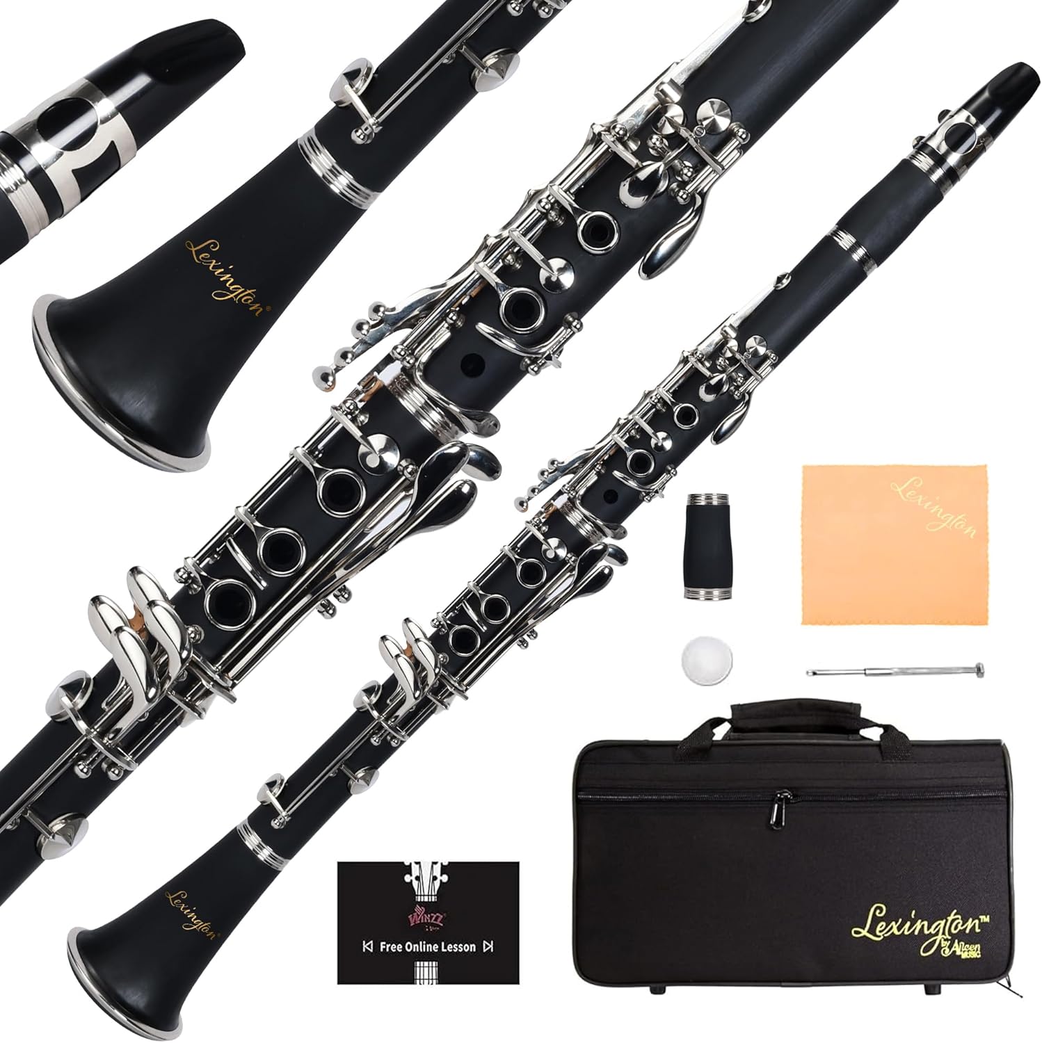 Aileen Lexington Bb Flat 17 Key Clarinet with One-Month Free Lesson, Reed, Mouthpiece, Hard Case, Cork Grease, Screwdriver and Other Kit (Black, 17 Key)