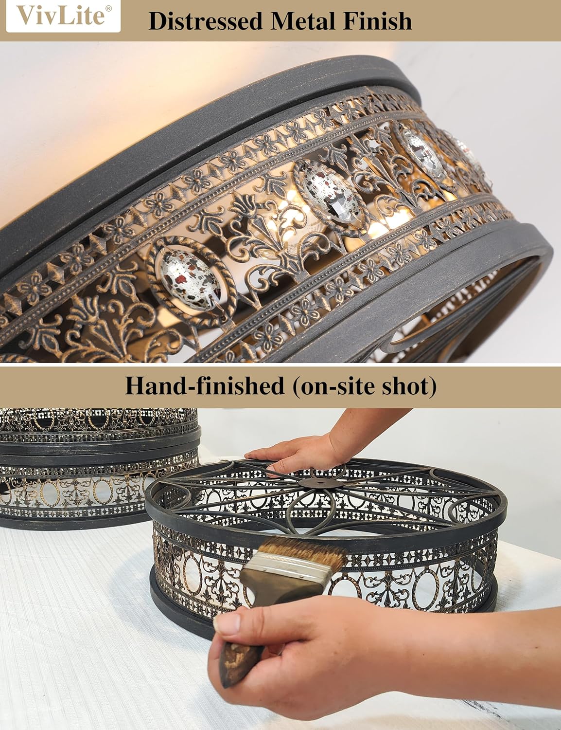 Caged Ceiling Fans with Lights,Vintage Victorian Rustic Crystal Fandelier,Low Profile Flush Mount,Small Enclosed Bladeless Ceiling Fan with Light for Bedroom,Kitchen,Living Room,Dining Room