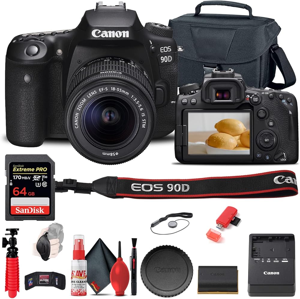 Canon EOS 90D DSLR Camera with 18-55mm Lens (3616C009) + 64GB Memory Card + Case + Card Reader + Flex Tripod + Hand Strap + Cap Keeper + Memory Wallet + Cleaning Kit (Renewed)