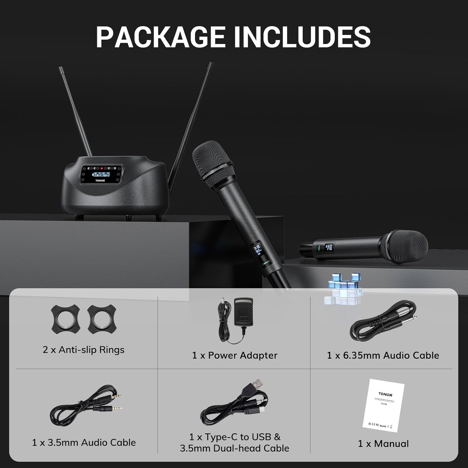 TONOR Rechargeable Wireless Microphone, Metal Dual UHF Handheld Microphone System, Cordless Mic with Bluetooth Receiver, UHF 262ft Range for Home Karaoke, Church, Party, DJ, Wedding TW790, Dark Grey