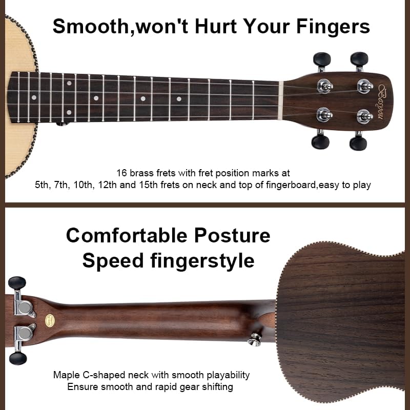 23 Inch Spruce Rosewood Concert Ukulele Beginner Kids and Adult Student Travel Wooden Ukelele Kit with Tuner Gig Bag Strap Carbon Nylon String Picks Cloth Gift Choice