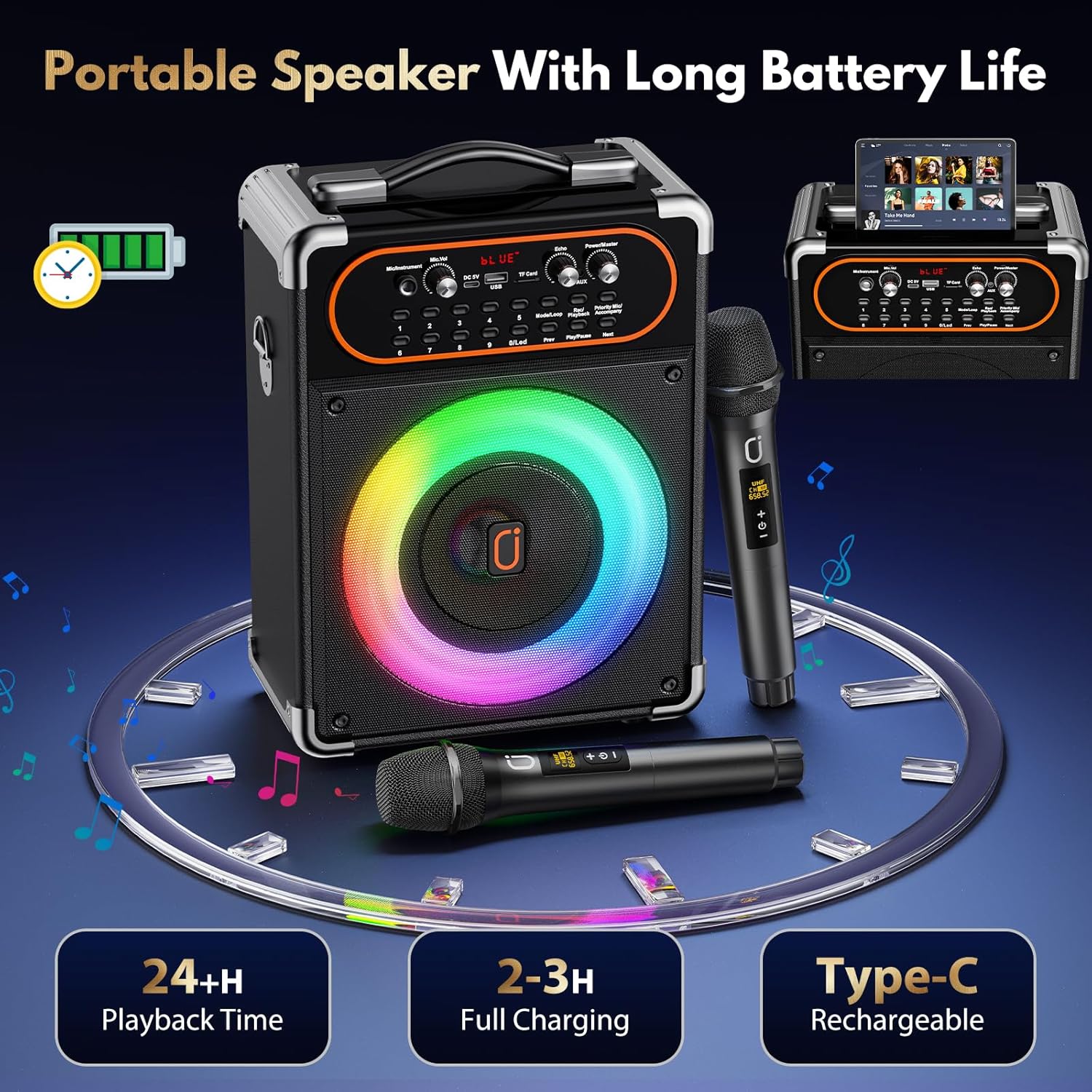 Karaoke Machine with 2 Microphones, Portable Bluetooth 5.3 Karaoke Speaker for Outdoor Events,Gatherings and Parties, PA System with Echo Adjustment for Adults, Stage-subwoofers