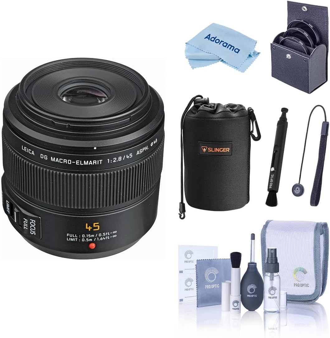 Panasonic LUMIX G Leica DG Macro-Elmarit 45mm f/2.8 Aspherical Lens for Micro Four Thirds, Bundle with Lens Pouch, 46mm Filter Kit, Cleaning Kit, Lens Pen Cleaner and Microfiber Cleaning Cloth
