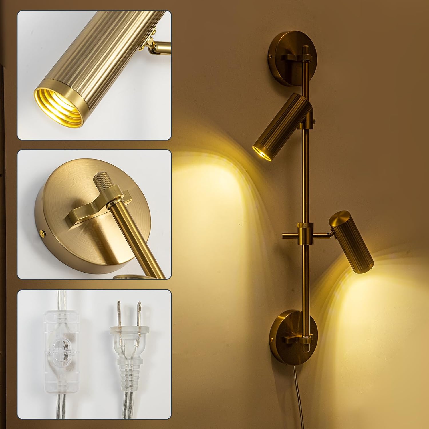 Gold Plug in Wall Sconces, 3 Lights Wall Mount Lamp with Rotatable Shade 3000K Warm White Wall Light for Bedroom Living Room Picture Light (Bulb Included)