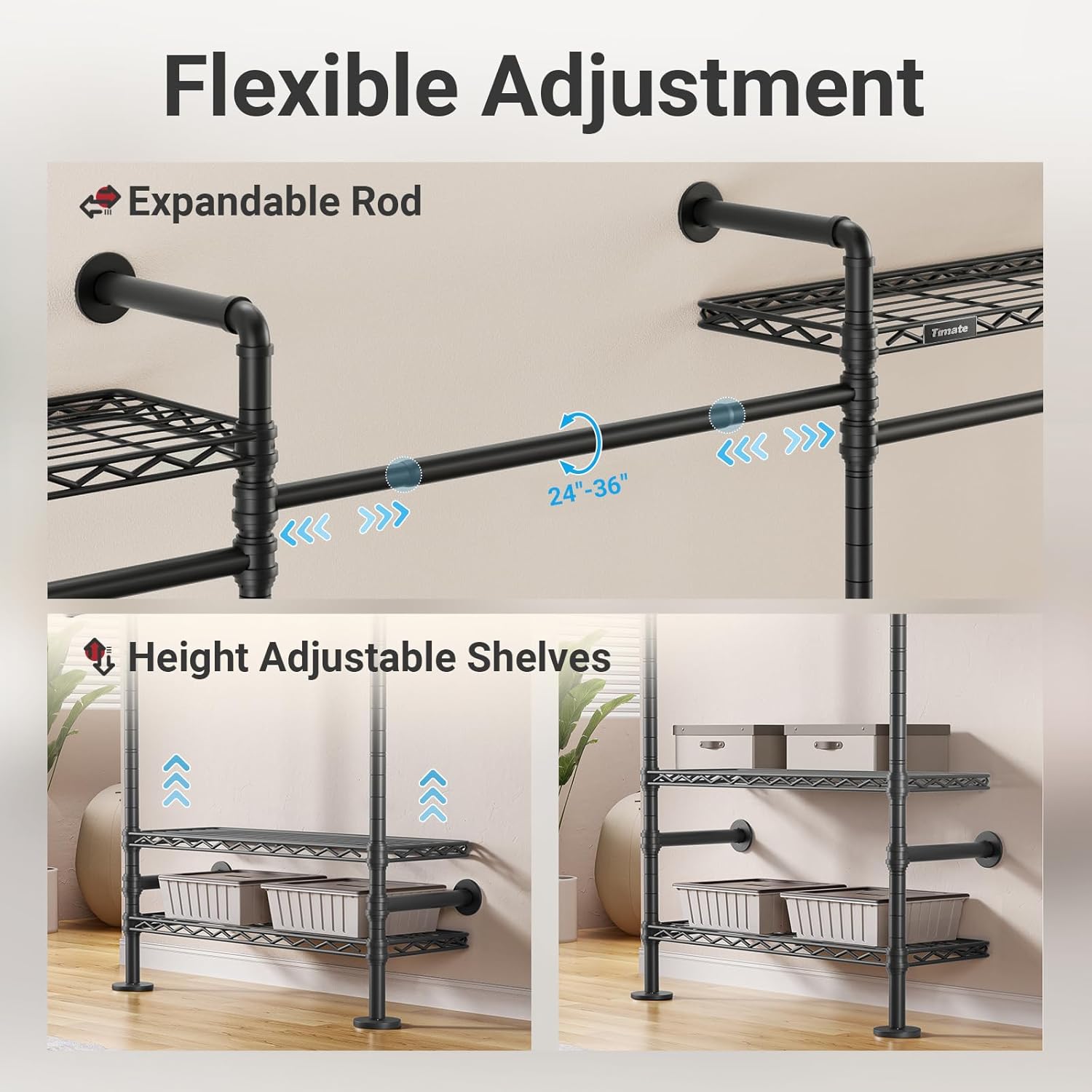 Timate L Shape Closet Rack Wall Mount for Corner, Heavy Duty Hanging Garment Rack Clothing Rack with 8 Adjustable Shelves & 4 Hanger Rods, Closet System for Hanging Clothes, Black