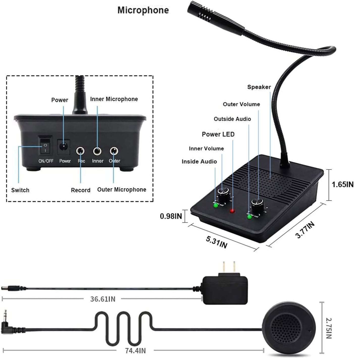 ChunHee Window Speaker Intercom System Anti-Interference Dual-Way Intercommunication Microphone and Speaker Bank Window Intercom Glass Window Microphone for Business/Bank/Office/Hospital