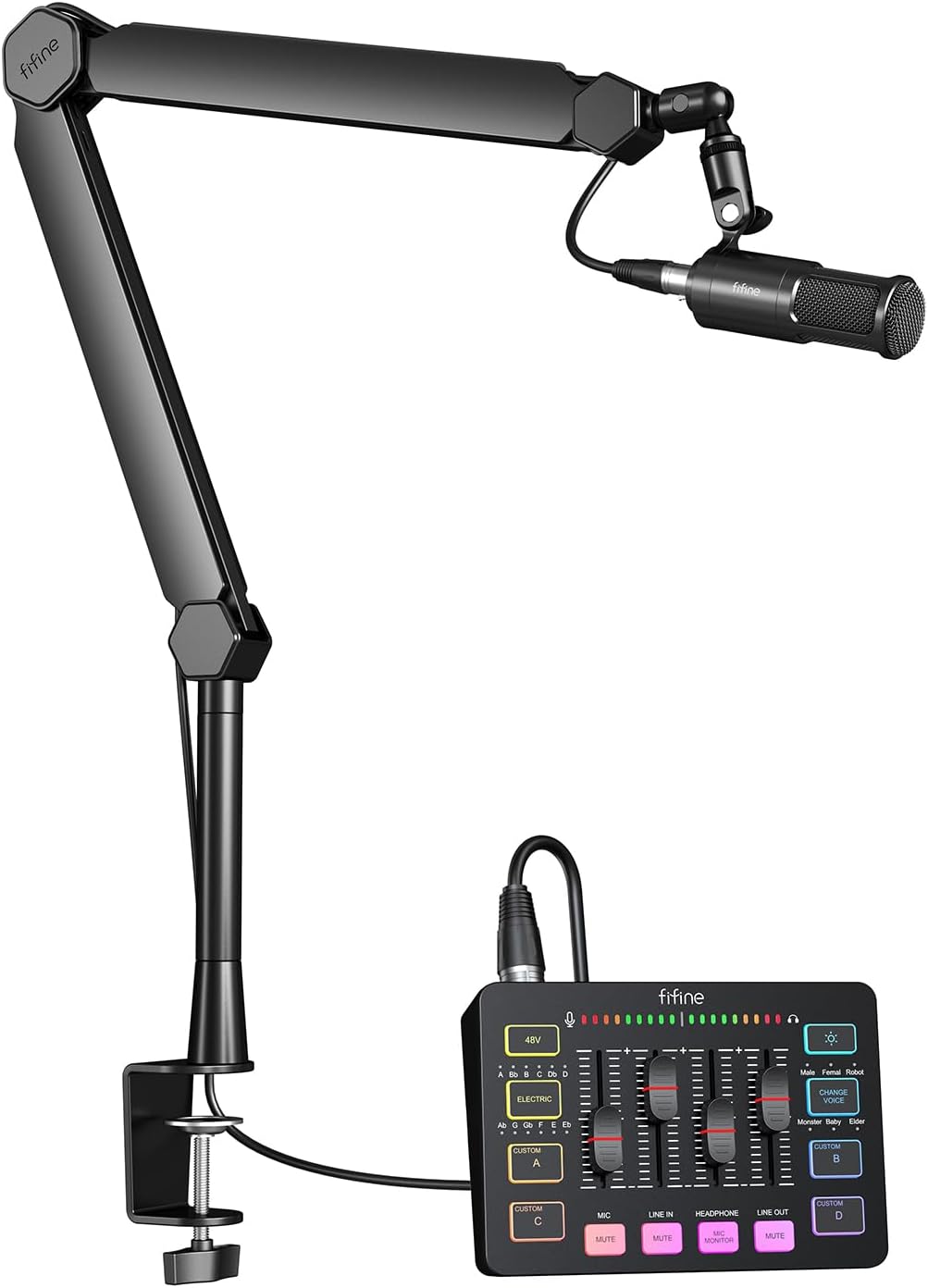 FIFINE Streaming RGB Mixer Set, XLR Vocal Microphone, Gaming Audio Interface, Mic Boom Arm with Cable Management Kit, Podcast Mic and Computer PC Mixer with Volume Fader for Recording (KS3+BM66T)