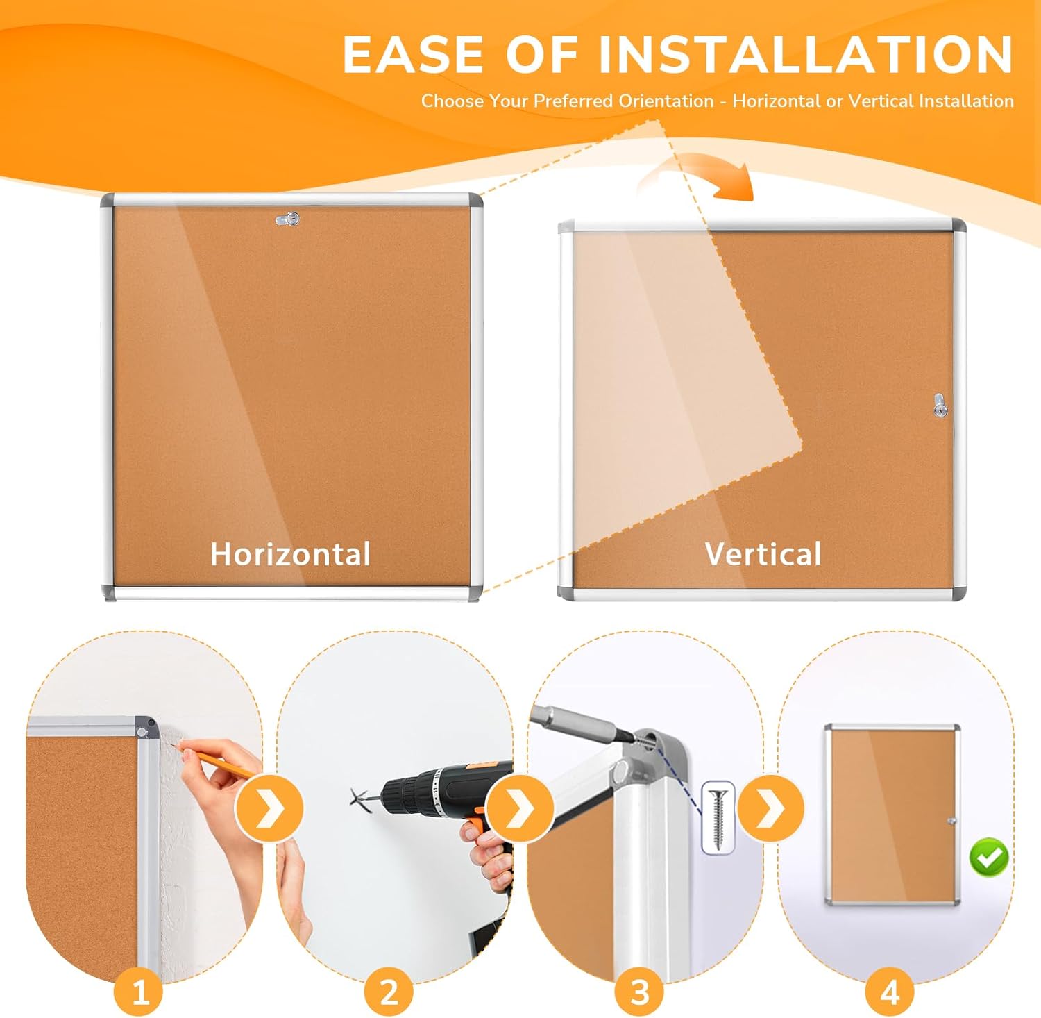 Enclosed Cork Bullletin Board 28x26 in, Tamperproof Display Case with Locking Door for Office School Home Store, Wall Mount, Silver Aluminum Frame (6xA4)