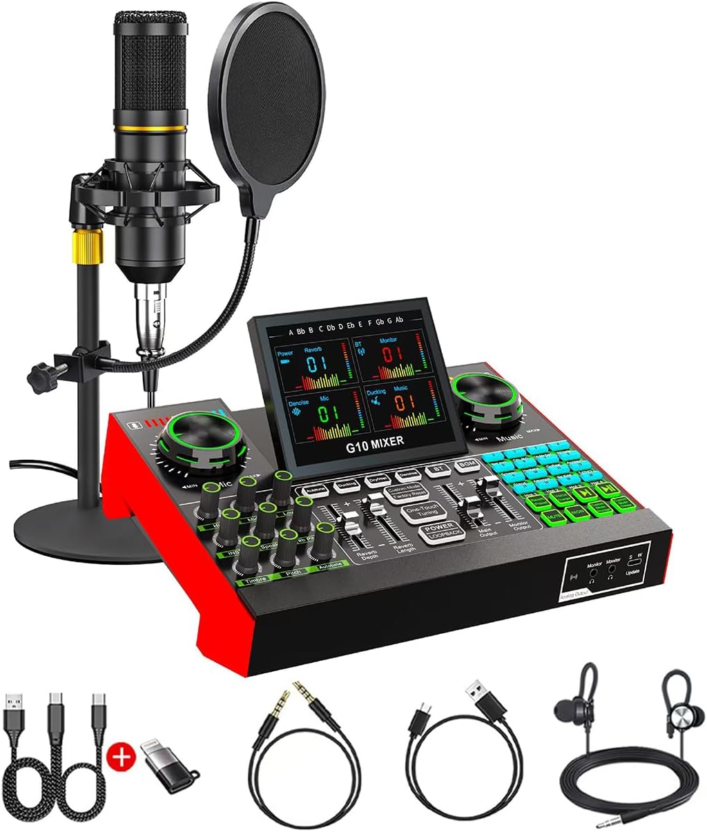 Professional USB Audio Interface & BM800 Mic Bundle – 48V Phantom Power, 19 Voice Modes & One-Click Effects for Streaming/Recording