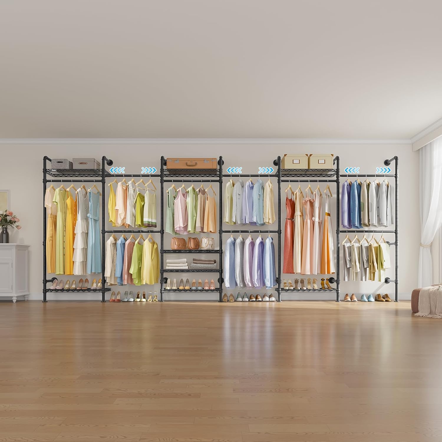 Timate L6 Closet Rack Wall Mount for Corner - Expandable Industrial Pipe Closet , Heavy Duty Hanging Garment Rack, Closet Organizer Storage Solution for Wardrobe, Bedroom, Walk-in Closets, Black