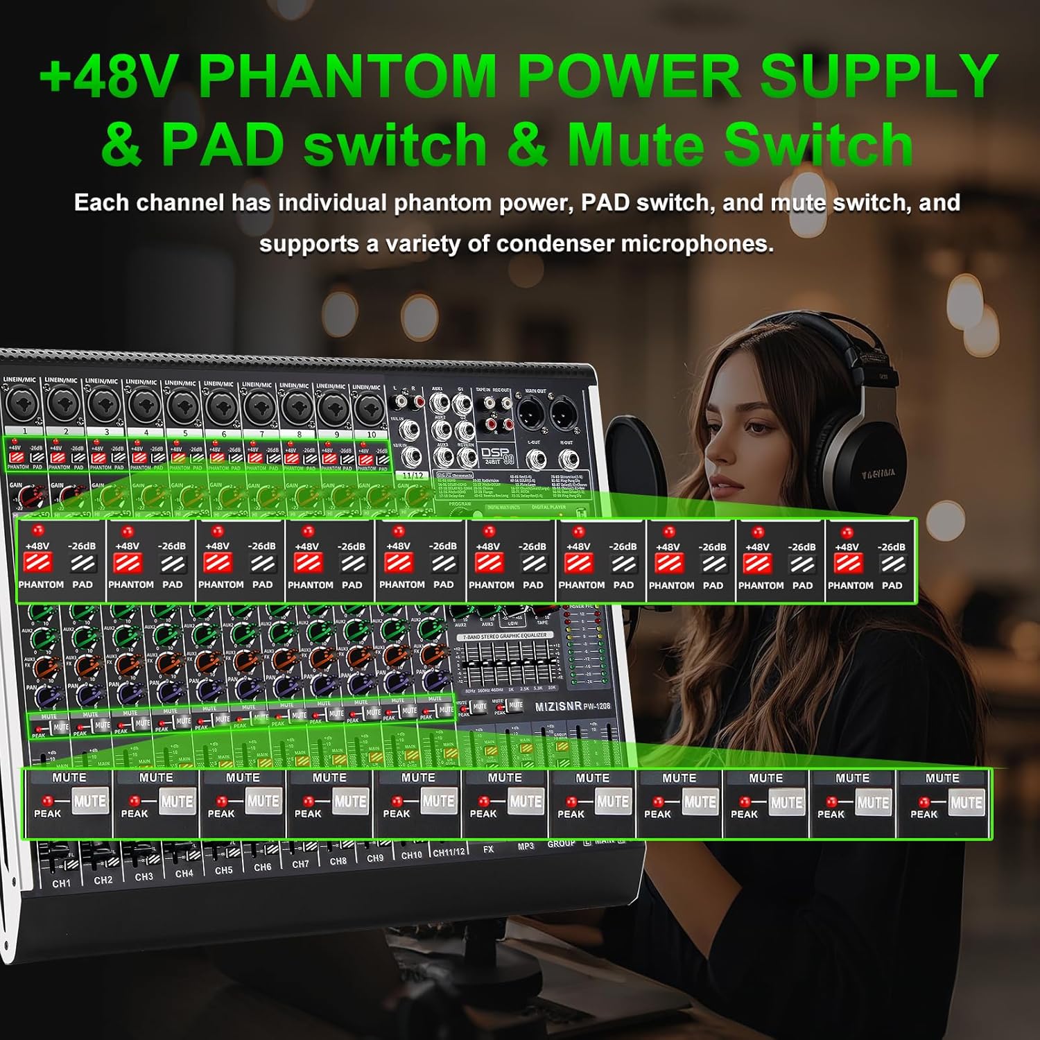 12 Channel Audio Mixer Professional Sound Mixing Board with 99 DSP Effects, 7-band EQ Digital DJ Mixer Console w/USB Bluetooth MP3 for Recording, Independent 48V Power & Mute Button