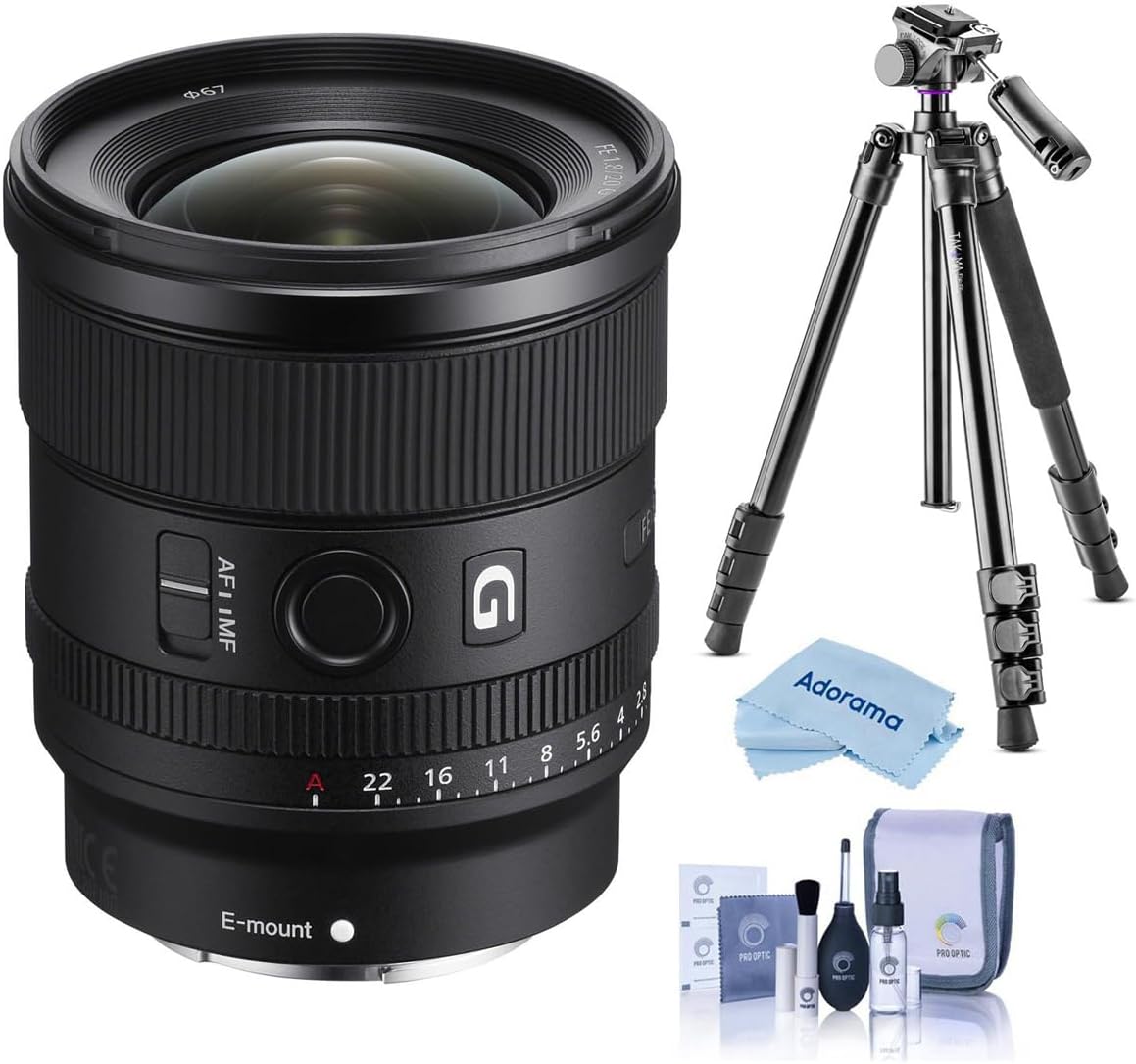 Sony FE 20mm f/1.8 G Lens for Sony E, Bundle with Takama 3-Section Aluminum Video Tripod with Fluid Head, Cleaning Kit, Cleaning Cloth