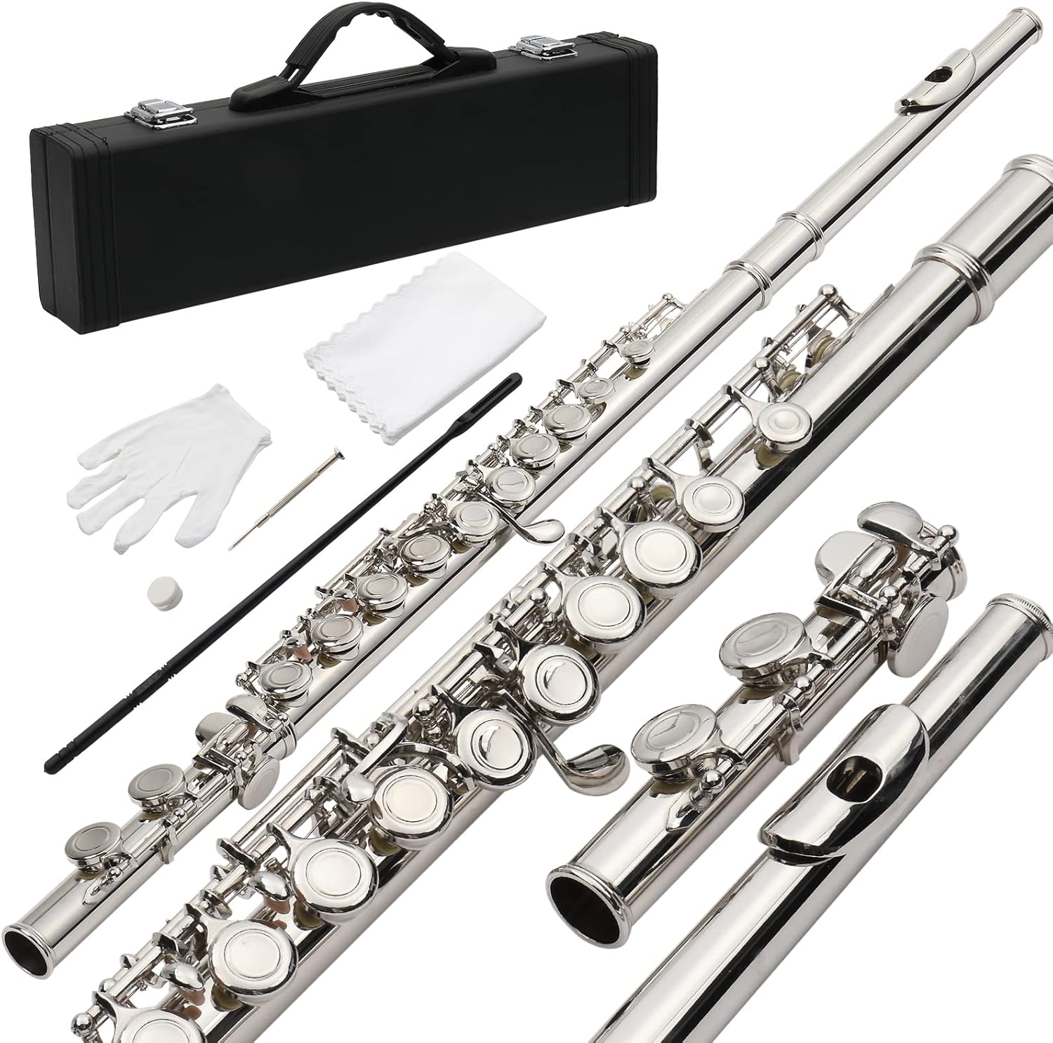 Ktaxon C Closed Hole Flute 16 Keys Flutes Kit for Students, Professionals & Beginner, Orchestra Musical Nickel Flute with Hard Case, Cleaning Rod, Cloth, Gloves (Silver)