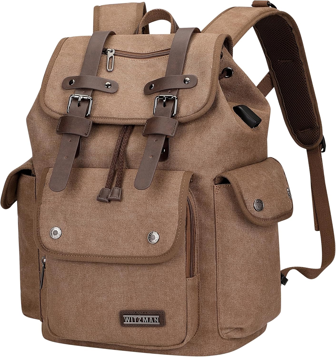 WITZMAN Canvas Backpack for Men Vintage Rucksack Fit 15.6 inch Laptop Backpack Travel High Capacity Casual Daypack (A8004 brown)