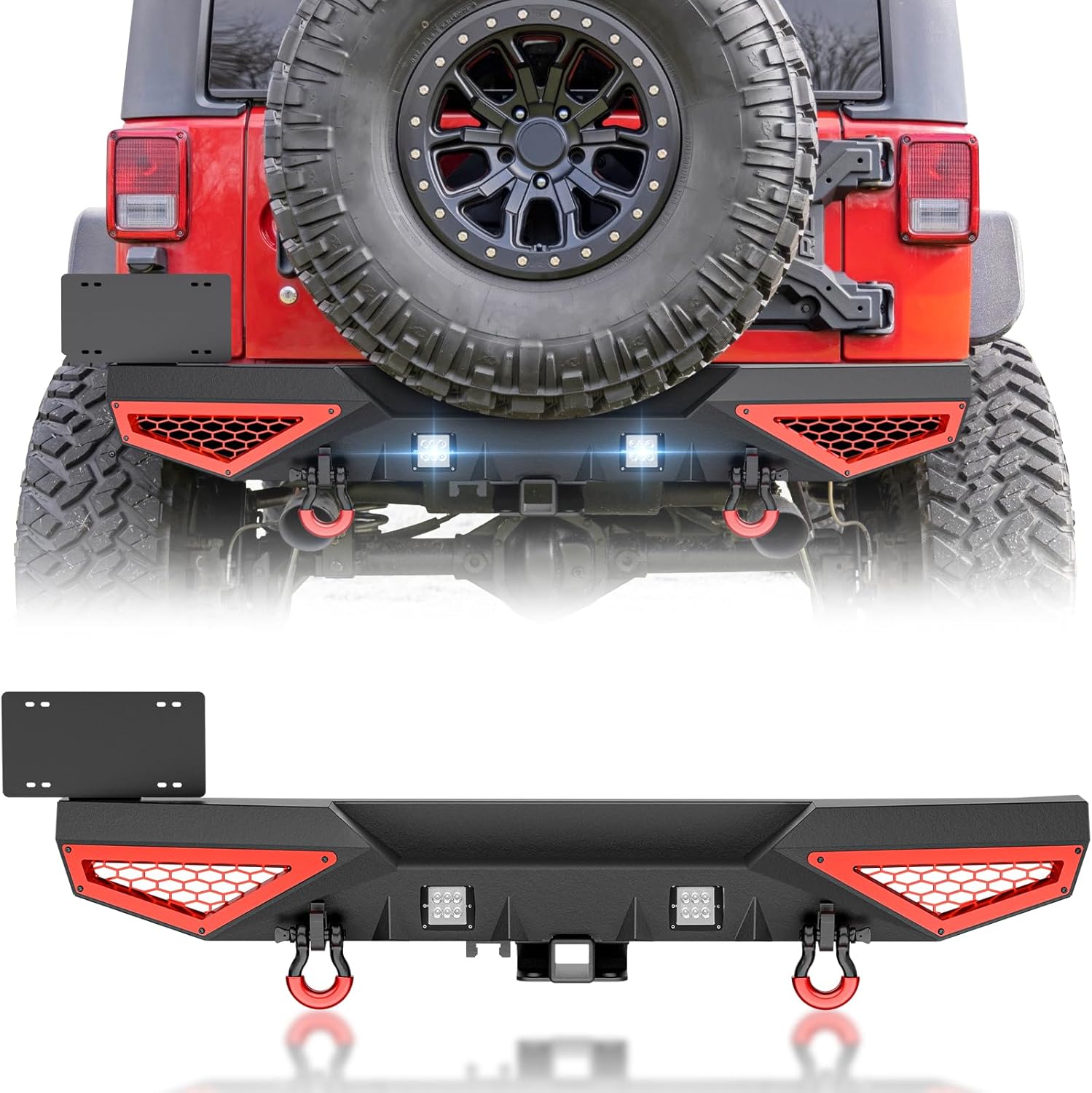 SUORTO for Wrangler JK Rear Bumper Compatible with 2007-2018 Jeep Wrangler JK JKU Unlimited, Off-Road Bumper with License Plate Frame, LED Lights, Paintable Armor, 2
