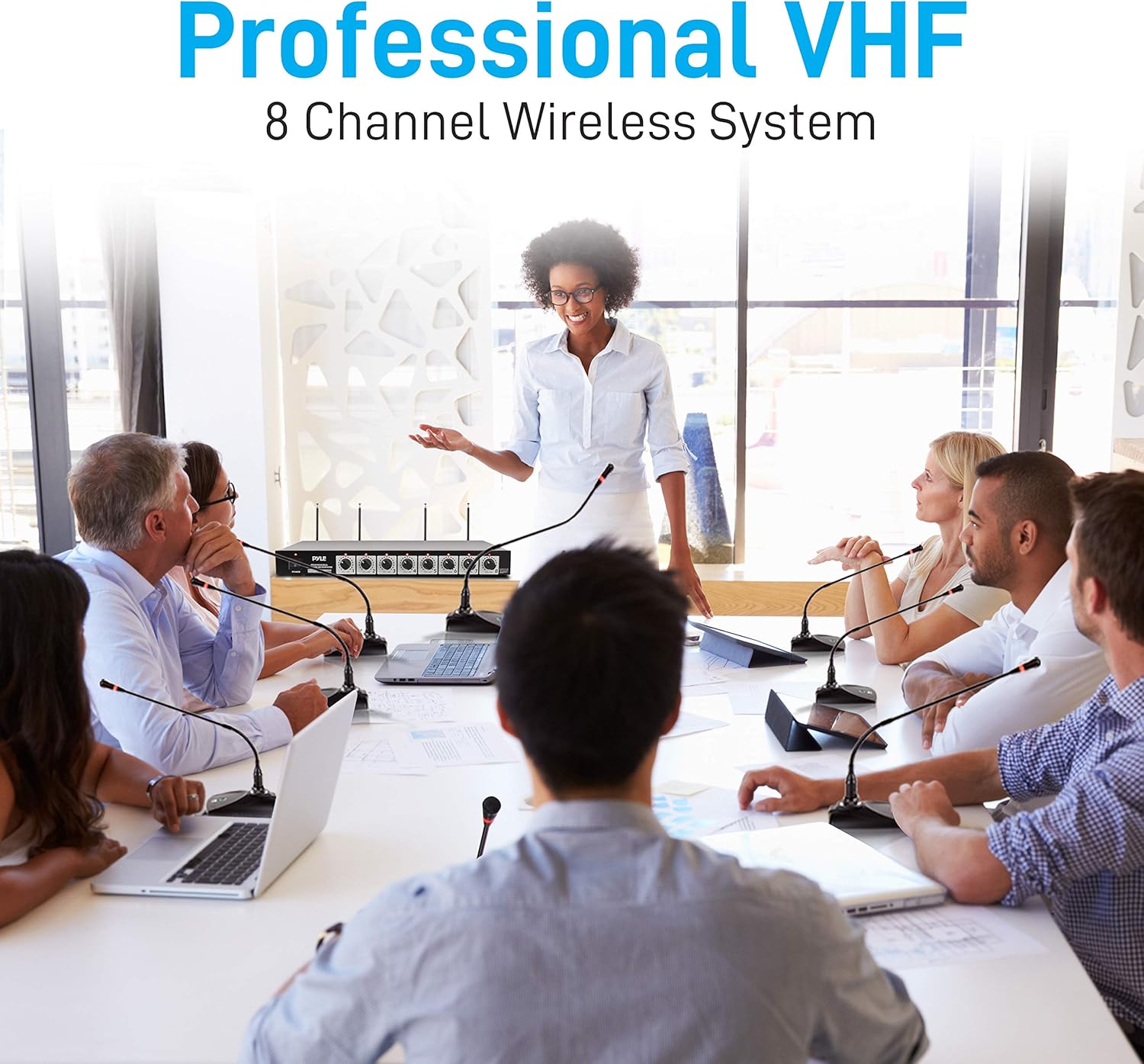 Pyle 8 Channel Wireless Microphone System - Portable VHF Cordless Audio Mic Set with 1/4