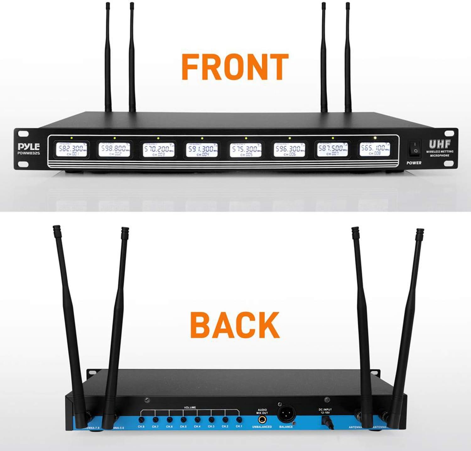 Pyle PDWM8325 8 Channel UHF Wireless Microphone & Rack Mountable Receiver Audio Sound System, Black