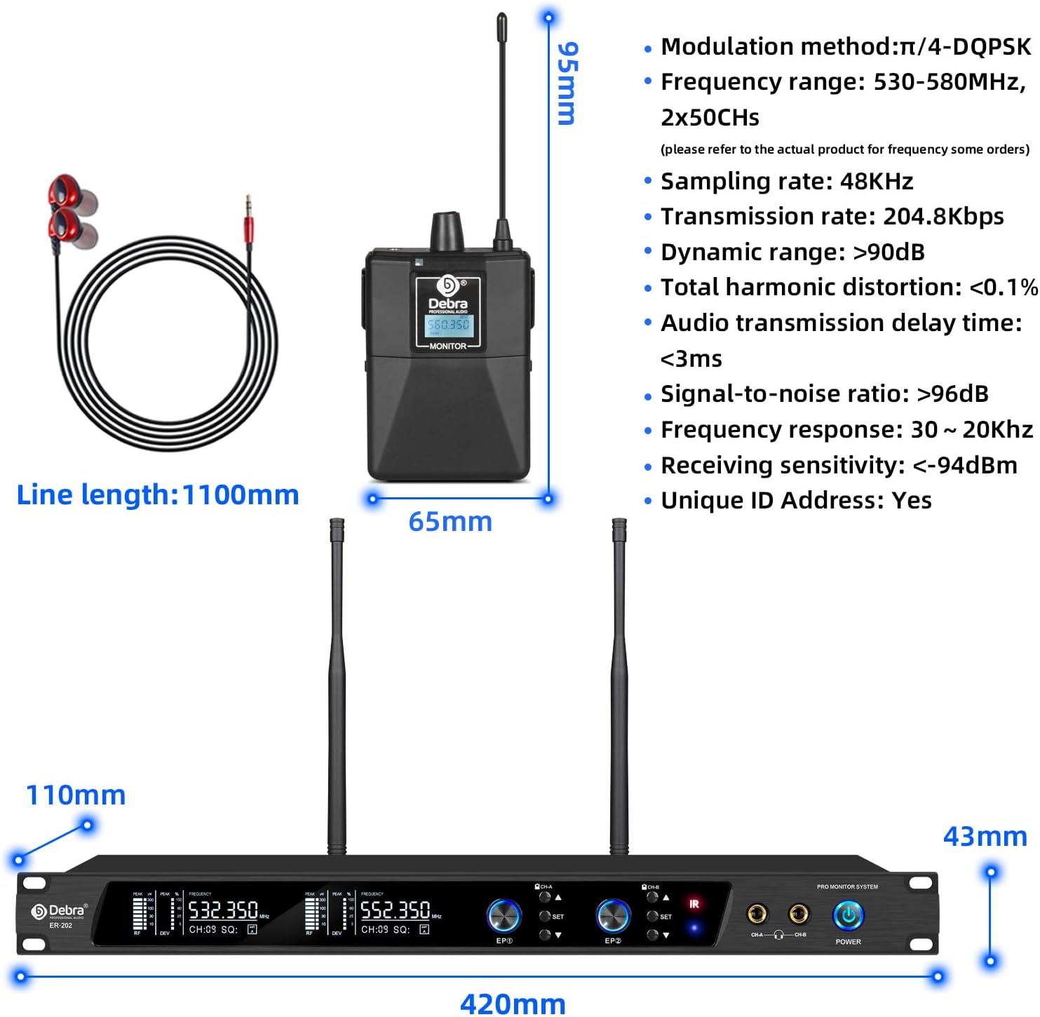 D Debra Audio PRO Mono ER-202 UHF Dual Channel Wireless in Ear Monitor System with Monitoring Type for Stage, Receiver, Studio, Guitar, Band Performance (Dual Channel, 4 Bodypack)