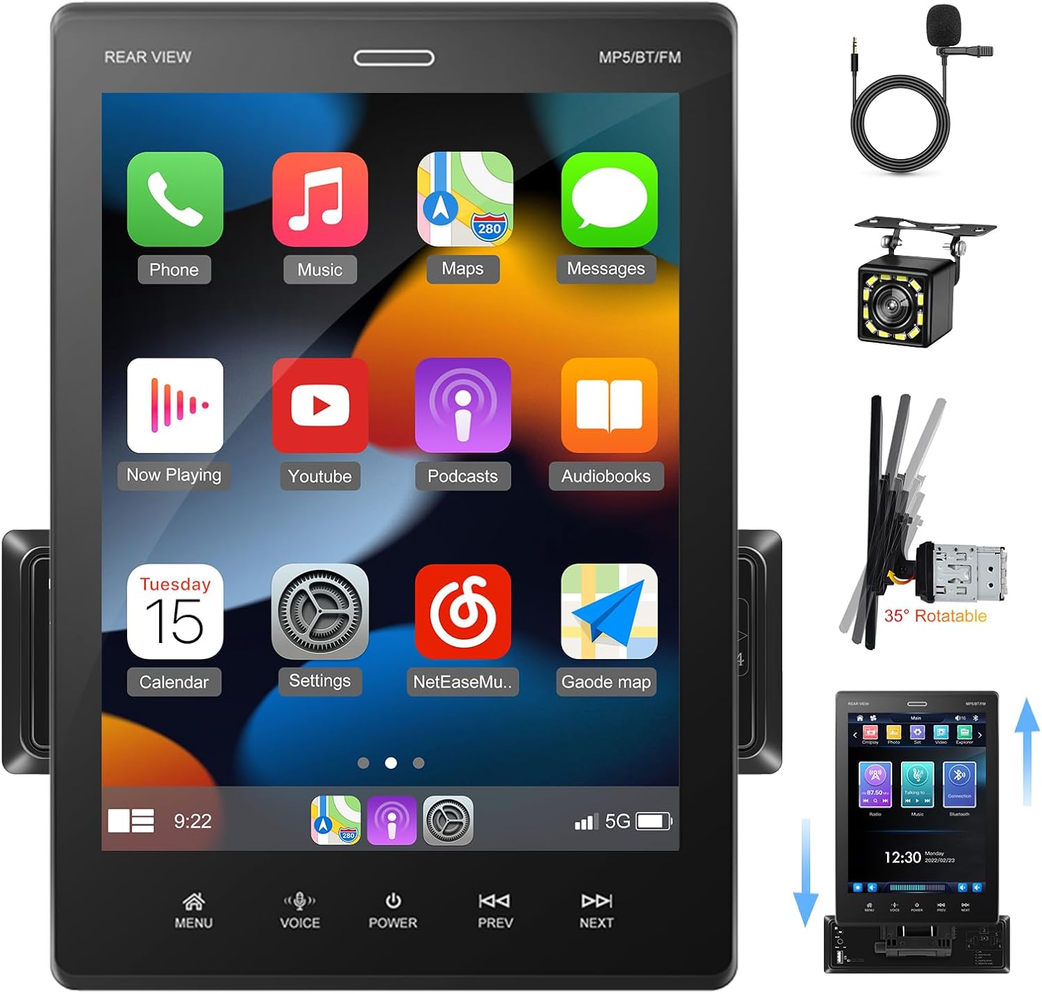 9.5 inch CarPlay Single Din Car Stereo with Wired Car Play and Android Auto, Vertical Touch Screen 1 Din Radio with Mirror Link/1080P/EQ Audio/SWC/Bluetooth +Backup Camera