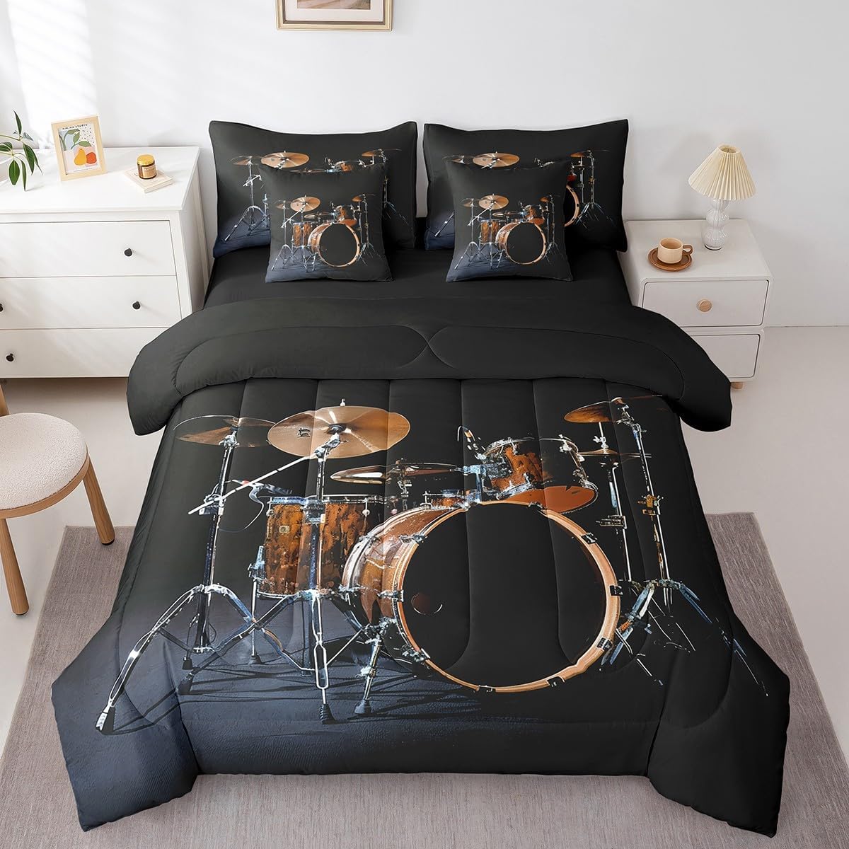 Erosebridal 3D Drum Bedding Sets, Musical Instrument Comforter Set 7-Piece Twin Size, Rock Roll Music Bed in a Bag for Kids Teens, Abstract Vintage Bed Sheets Set