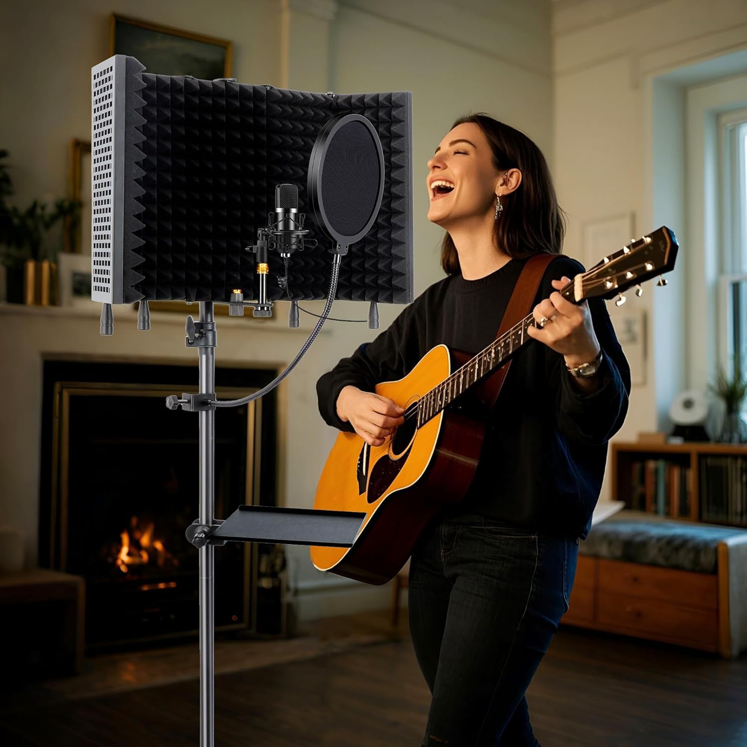 5-Sided Isolation Shield Microphone Stand, Studio-Grade Soundproof Booth with Pop Filter & High-Density Foam, Adjustable Tripod for Music studio, Podcasting Mic Stand with Pop Filter
