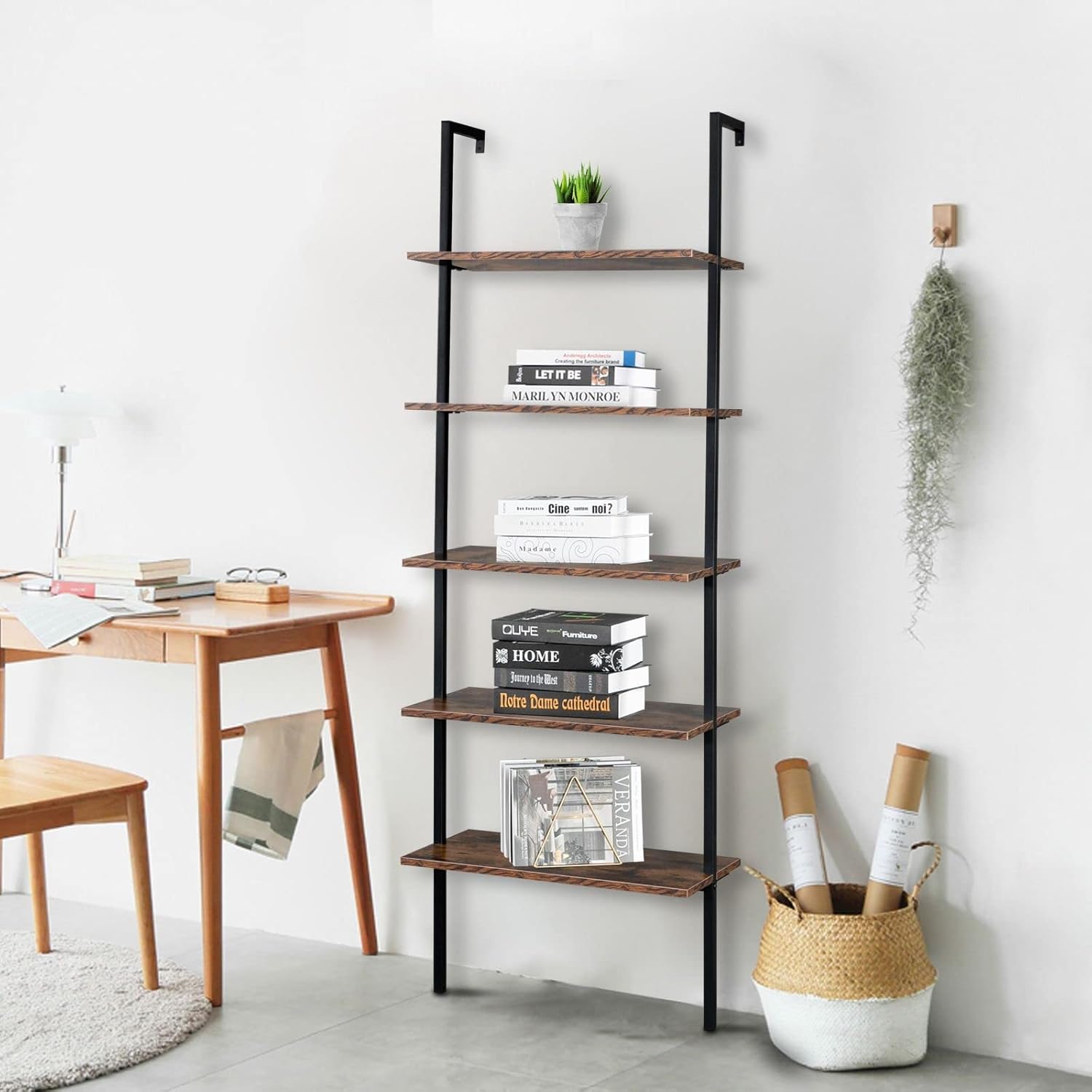 Vintage Open Ladder Wall-Mount Shelf, 5 Tier Bookcase with Metal Frame