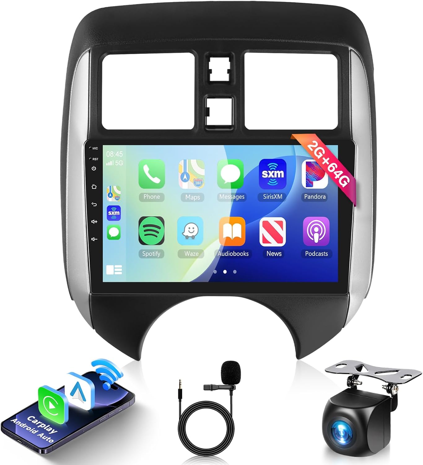 Podofo 2G+64G Car Stereo for Nissan Versa Note 2014-2018 Radio with Wireless Car Play Android Auto,9inch 1080P HD IPS Touch Screen HiFi Audio FM/RDS Radio Bluetooth GPS WiFi AHD Backup Camera