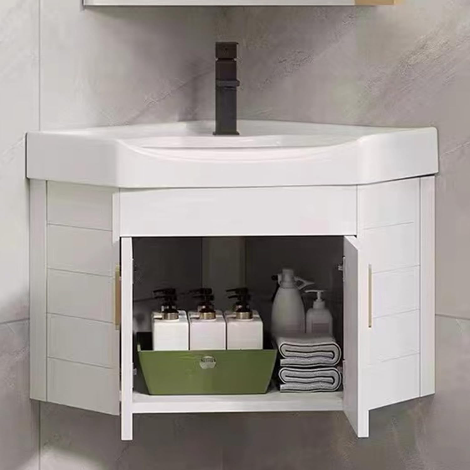 Bathroom Sink Vanity for Small Space, Wall Mount Corner Bathroom Vanity Cabinet with Sink Washing Hand Basin Design with Ceramic Sink & Mirror(Color:Blue,Size:38cm/14.9in)