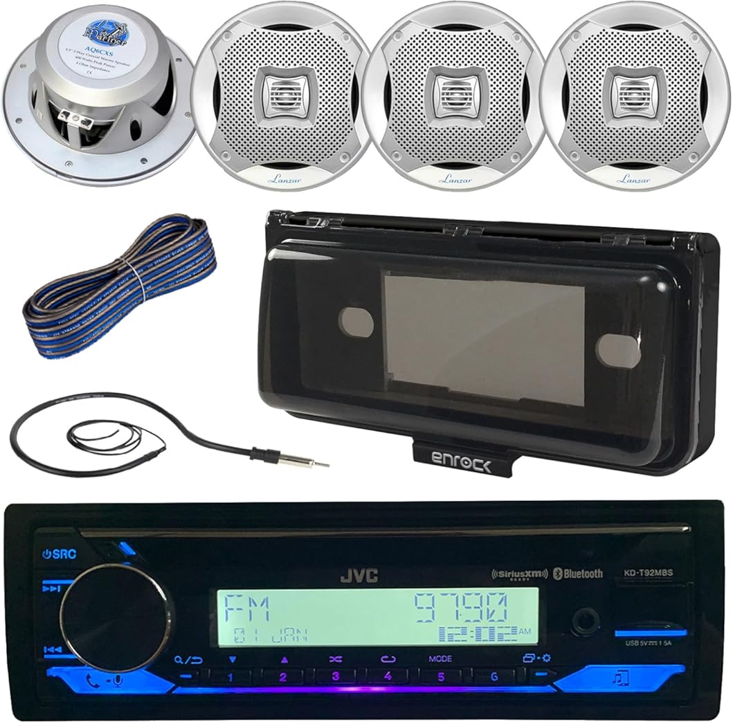 Single DIN Marine Motorsports Bluetooth USB AUX AM/FM Radio Stereo CD Player Receiver + 4X 400W 6.5