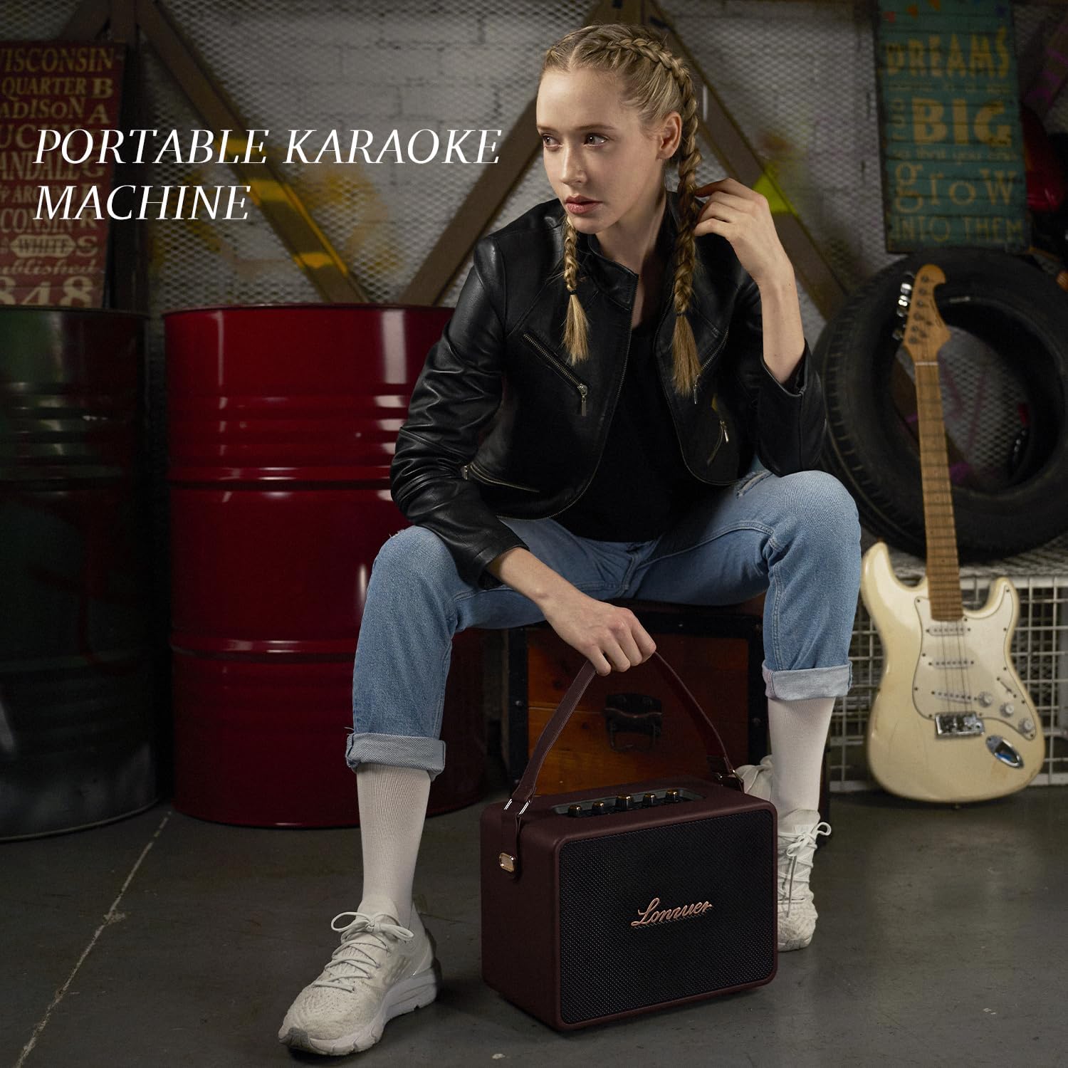 18000mAh Rechargeable 120W Loud Bass Retro Portable Karaoke Machine Bluetooth Speaker with 2 Wireless Microphones AUX Guitar Input for Adults (Brown)