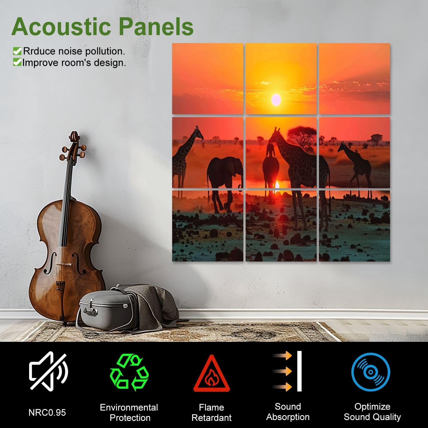 Art Acoustic Panels Self Adhesive Africa big5 elephants giraffes sunset sunrise sky 9 Packs Decorative Soundproof Wall Panels Large Sound Absorbing Panels for Home Office 60