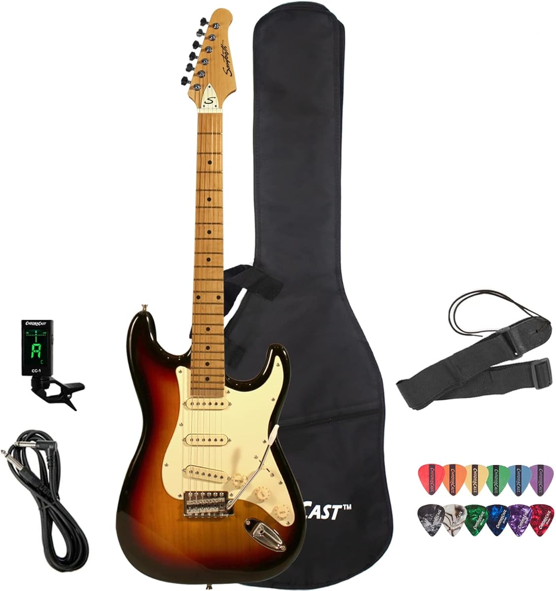 Sawtooth Sunburst Electric Guitar w/Vintage White Pickguard - Includes: Accessories, Gig Bag & Lesson