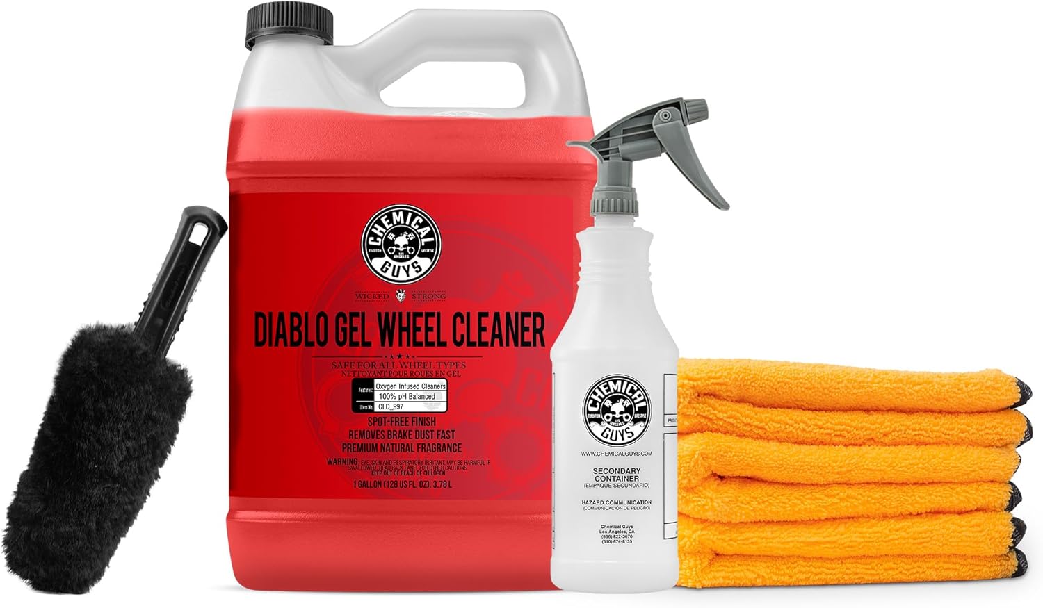 Chemical Guys CLD_997HD Diablo Gel Foam Wheel & Rim Cleaner, Concentrated (128 fl oz) + Gerbil Wheel and Rim Brush & ACC_130 Spray Bottle, With Premium Microfiber Towels, Gold (16