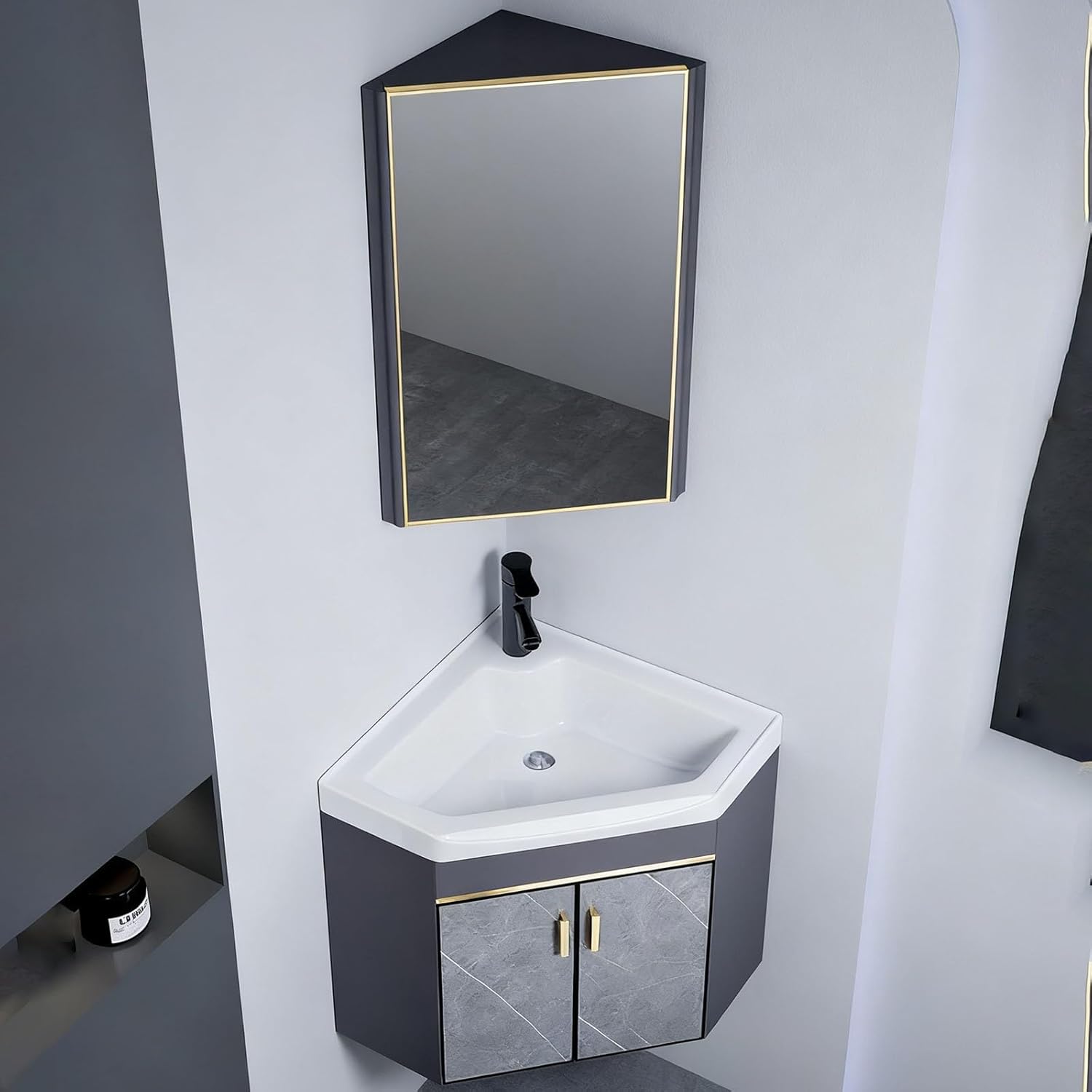 Corner Bathroom Vanity Sink Combo with Mirror, Wall Mount Corner Bathroom Sink Cabinet, Ceramic Bathroom Corner Sink for Small Bathrooms(56cm/22in)