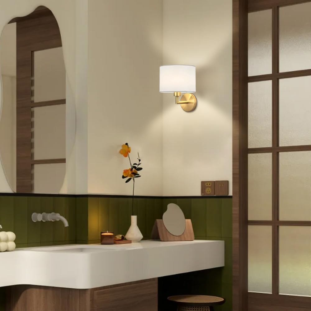 Drum Fabric Wall Sconces, Vintage Industrial Hardwired Boho Wall Sconce Bedside Light with Drum Shade, Rustic Indoor Wall Mount Light Fixtures for Dining Room Living Room Bedroom Hallway