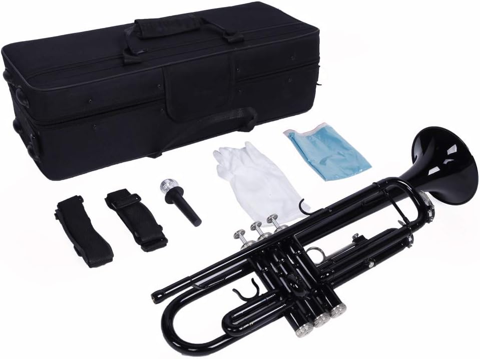 Standard Trumpet Brass Gold Bb Trumpet for Students and beginners w/Gloves,Mouthpiece (Black)