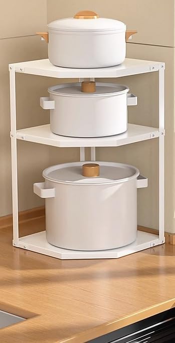 Corner Kitchen Shelf Rack, 3-Tier Space Saving Pot Stand, Carbon Steel Cookware Organizer for Small Spaces