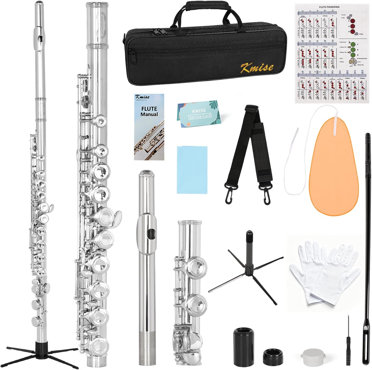Kmise Closed Hole C Flute, Responsive Flute Instrument, Premium and Durable Flutes with Gig Bag, Collapsible Stand, Beginner's Guide, Cleaning Kit - Effortless for Beginners, Students (Nickel Plated)