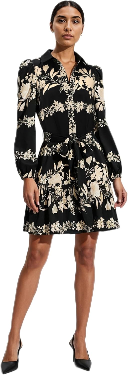 Anne Klein Womens Long Sleeve Tiered Printed Satin Shirt Dress